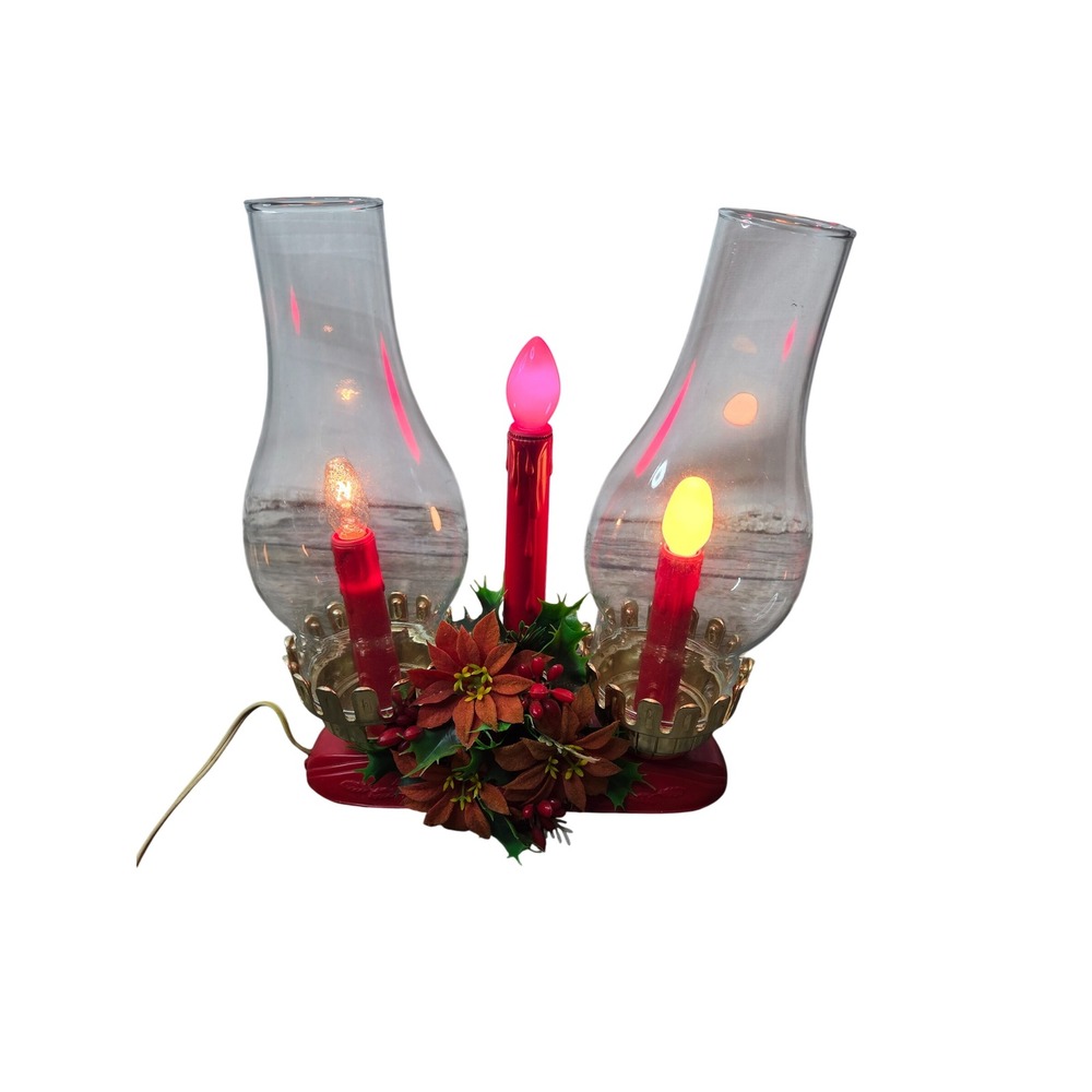Vintage Electric Candle Lamp Double Hurricane Lamp Christmas Red Floral Cat 37
